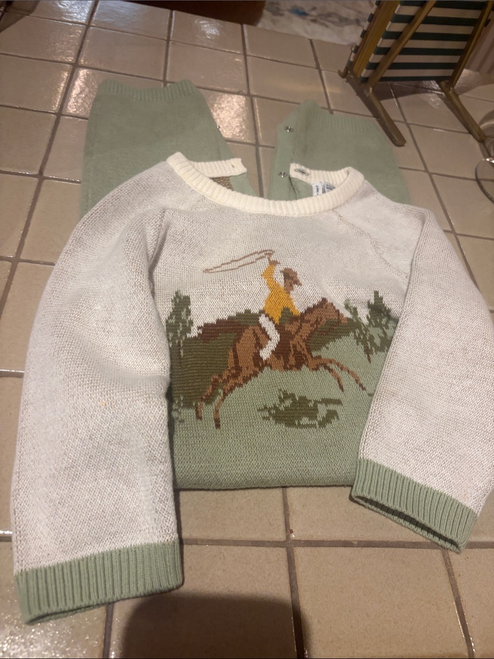 Janie and Jack Sage Green and Cream Western Rider Crewneck Sweater NWOT